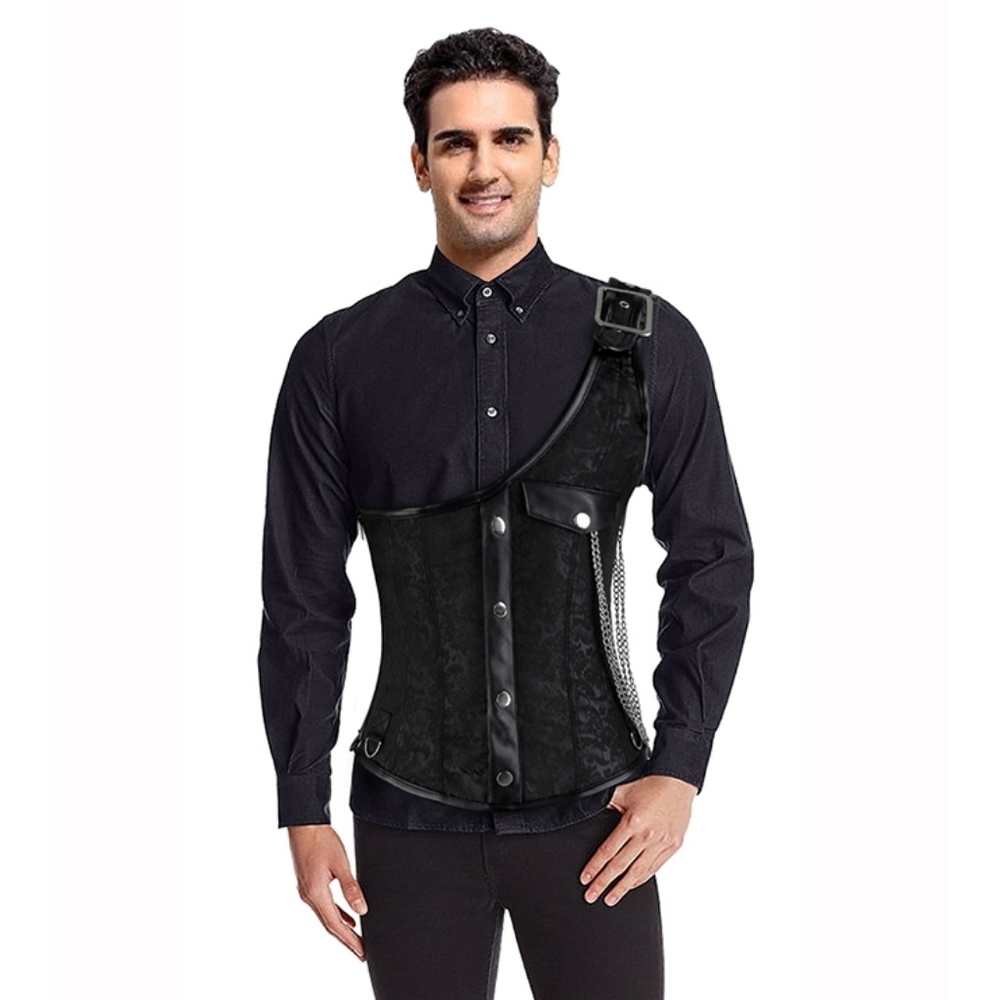 Men's Black Faux Leather Belt with Chain Detail